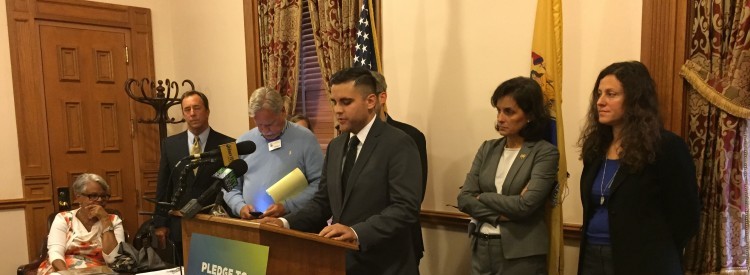 Drew Tompkins, NJLCV policy coordinator, speaks at the Save EPA press event. 